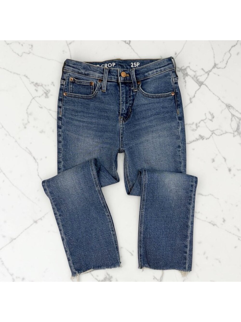 J.CREW 10" Demi Boot Crop Jeans Size 25P Petite Ocean Wash Denim Raw Hems BA626